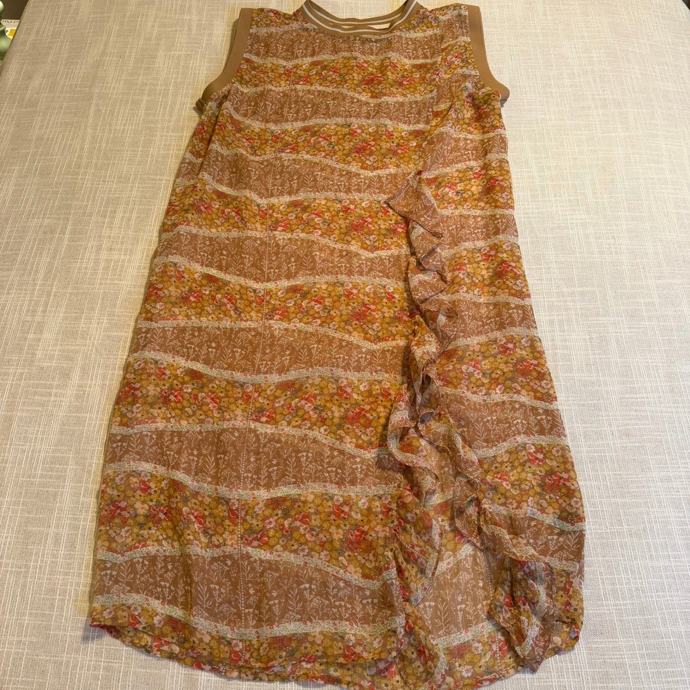POL Womens Floral Chiffon Ruffle Midi Dress Brown Orange Sleeveless M/L JFD93